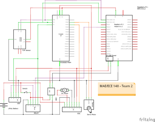 Circuit diagram for an autonomous parking R/C vehicle using one Adafruit VL53L0X TOF sensor.